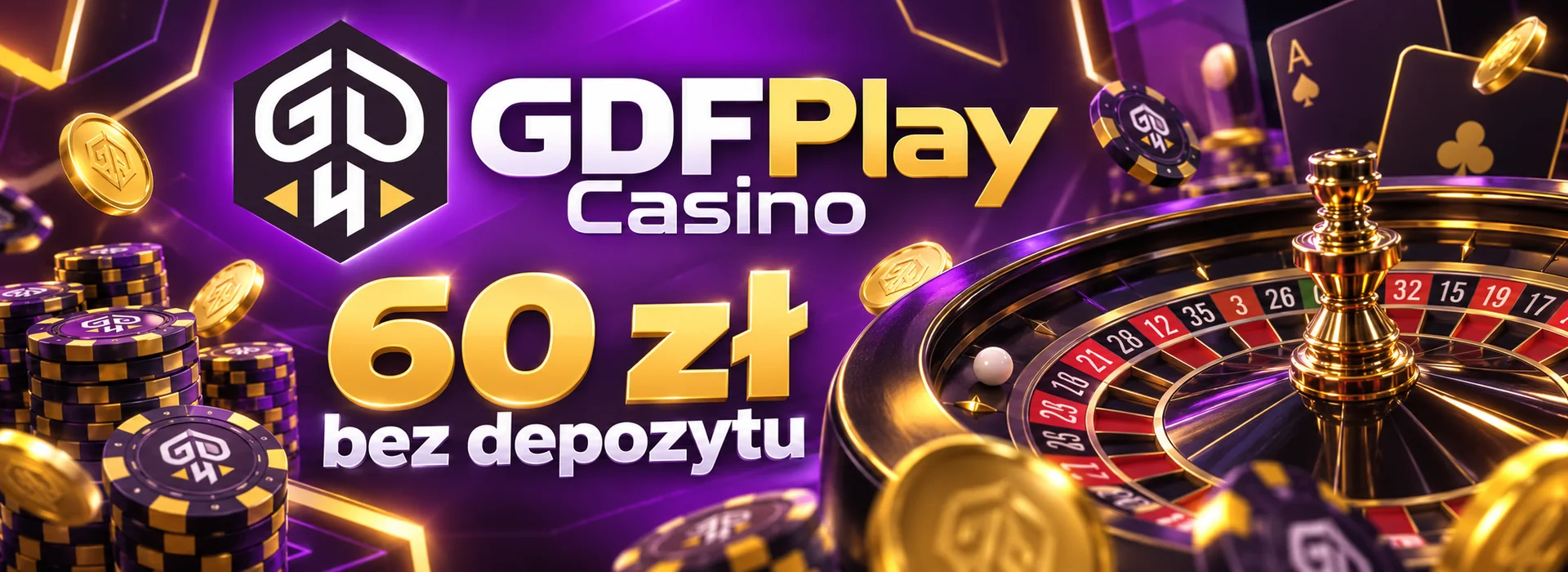 Baner GDFPlay Casino z bonusem 60 zł bez depozytu i 100 darmowymi spinami